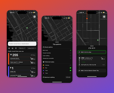 Public Transit App Concept dark mode mobile design product design ui ui design