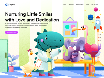 Tiny Kids Clinic - Hero Header Illustration animals illustration art bussiness illustration care children clinic clinic illustration clinic website digital art healthy hero header illustration illustration kids landing page top section vector website