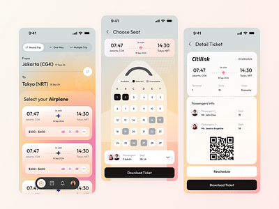 Flight Booking App Exploration airport app branding clean design flight gradient illustration itinerary layout list mobile search results ticket travel typography ui ux website whitespace