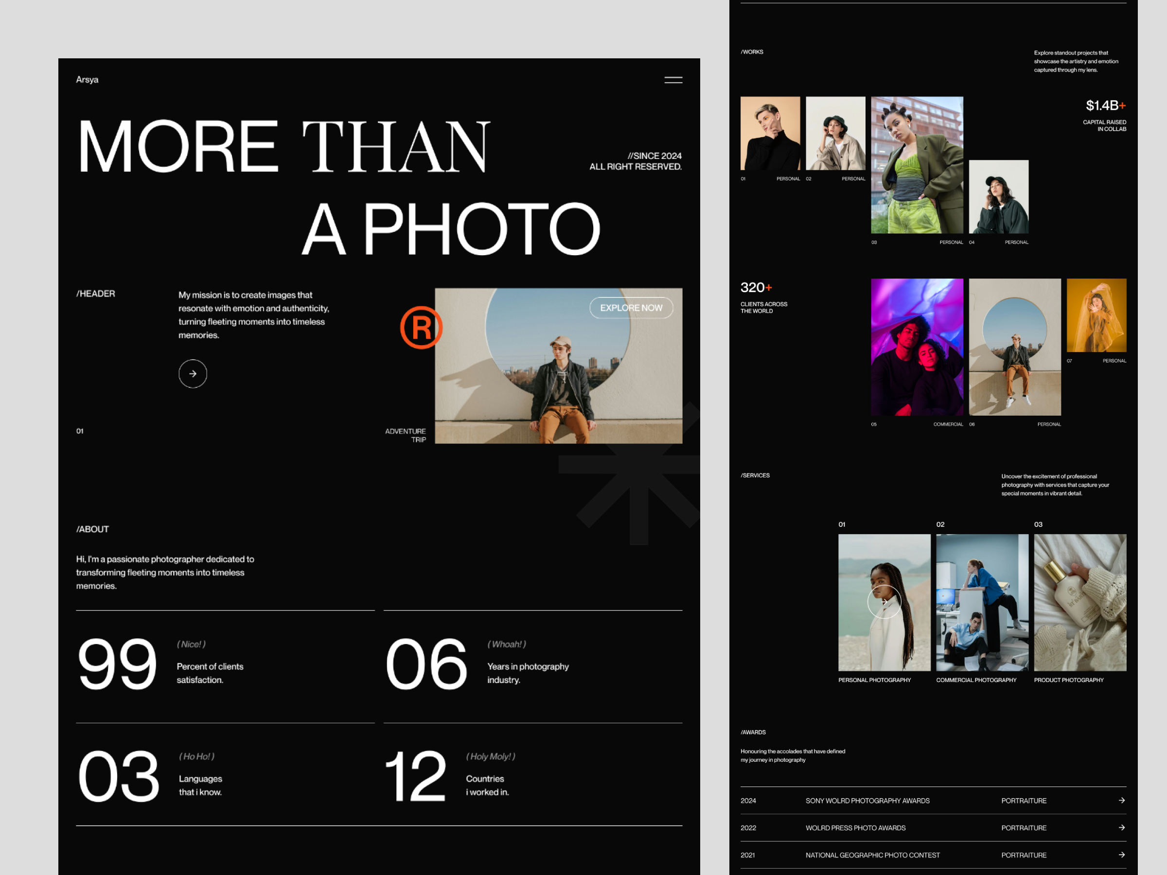 Arsya Studio - Landing Page Portfolio Design 2024 clean design dark mode figma gallery landing page minimalism minimalist model modern new trends photo portfolio simple design trending ui ui design ux design web design website design