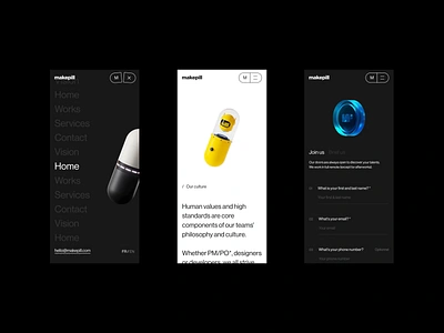 Makepill — Agency portfolio 24' 3d agency design grid layout minimalist mobile motion pills portfolio ui