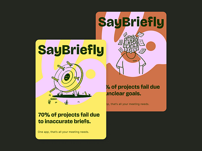 SayBriefly - A note-taker app for freelancers. app branding brief creatives doodle freelancers illustration logo miscommunication note taking app paper stack pencil poster project failure social media target unclear vector yellow