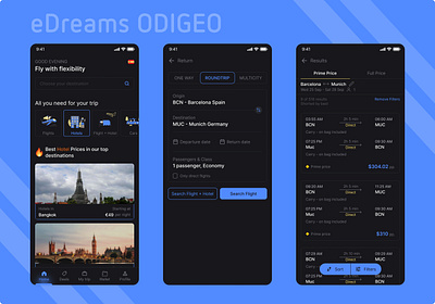 eDreams Flight Booking App-Dark Theme darktheme edreams flightbopoking mobileappdarktheme mobileappdesign productdesign ui uidesign uxdesign