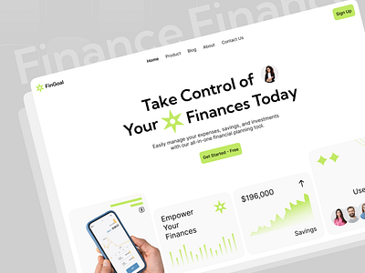 Financial Planning Tool Landing Page | FinGoal cards features finance logo minimalist layout presentation savings tool