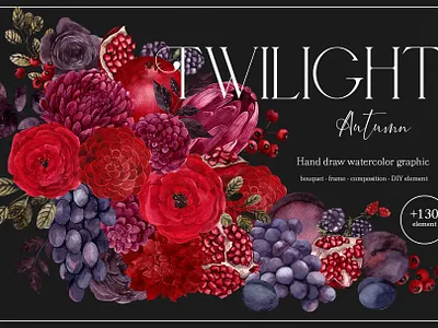 Twilight Autumn. Watercolor graphic autumn botanical burgundy dark fall flowers fruit grape graphic marsala midnight plum pomegranate protea red twilight watercolor