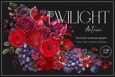 Twilight Autumn. Watercolor graphic autumn botanical burgundy dark fall flowers fruit grape graphic marsala midnight plum pomegranate protea red twilight watercolor