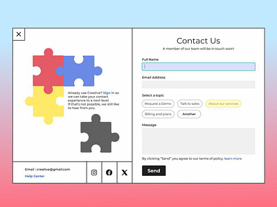 Contact us page UI for a design agency brutalism chips contact contacting creative design agency field form input message messaging pop up tags text ui ux