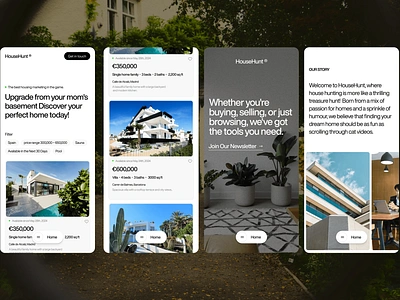 Mobile designs → HouseHunt app design clean figma house minimal minimalistic mobile mobiledesign modern real estate real estate website responsive responsive design webdesign webflow