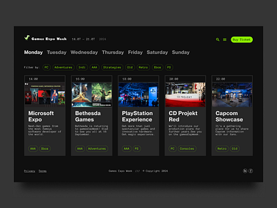 Games Expo Week /// Exhibition Web App UI cards category clean conference dark theme event organizer event planner events exhibition expo festival filter game event games interface schedule ticket app uxui web app week event