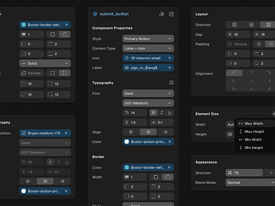 Component Properties panel dashboard editor form input interface select tools ui