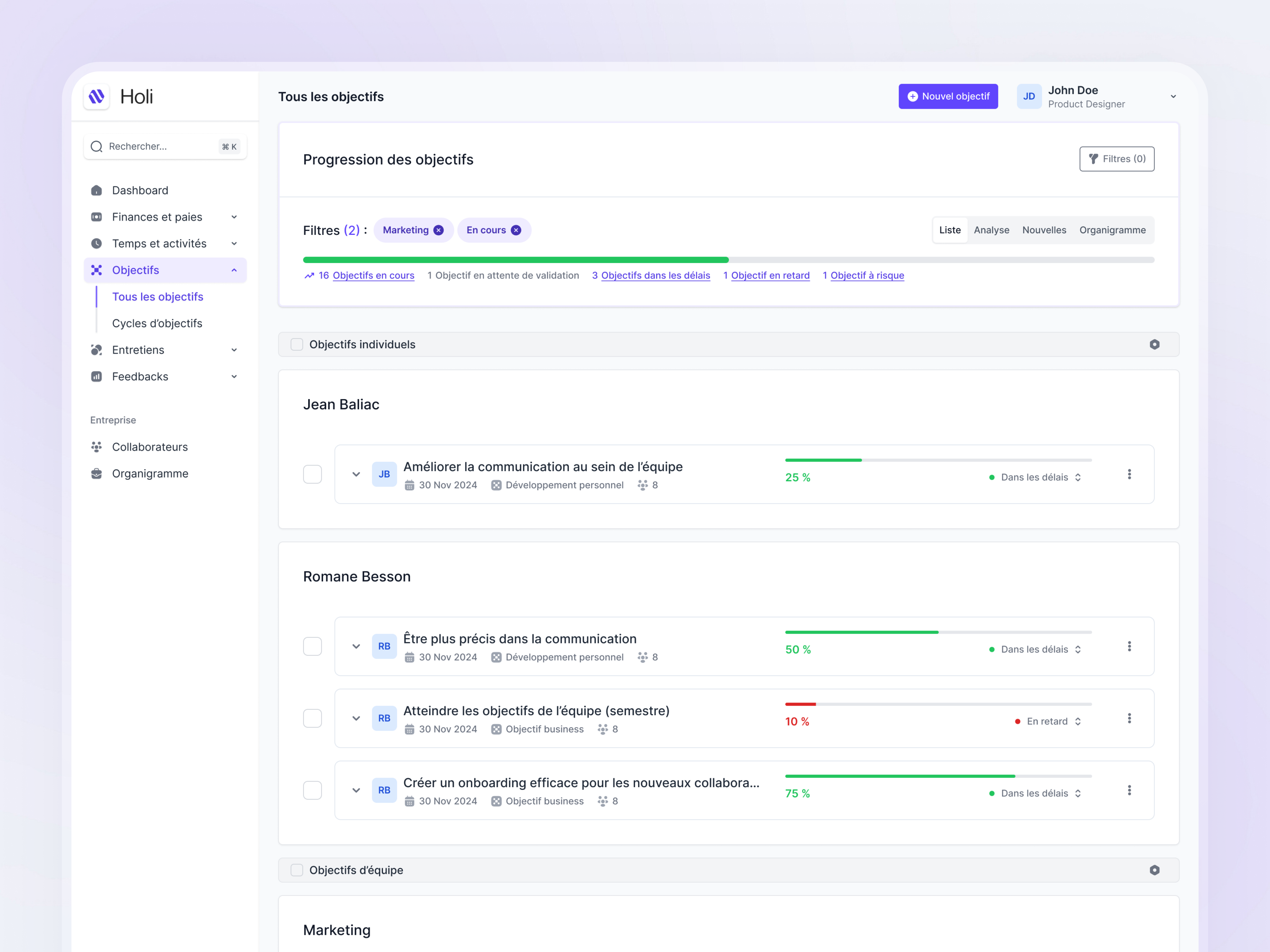 Holi | Goals Dashboard 1:1 clean dashboard figma goals goals tracking hr interface minimal okr one on one product design progress saas saas design saas tool tracking ui web app whitespace
