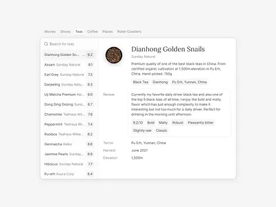 Personal Reviews Website detail page inter minimalist movies product profile rating review tea ui ux web app website