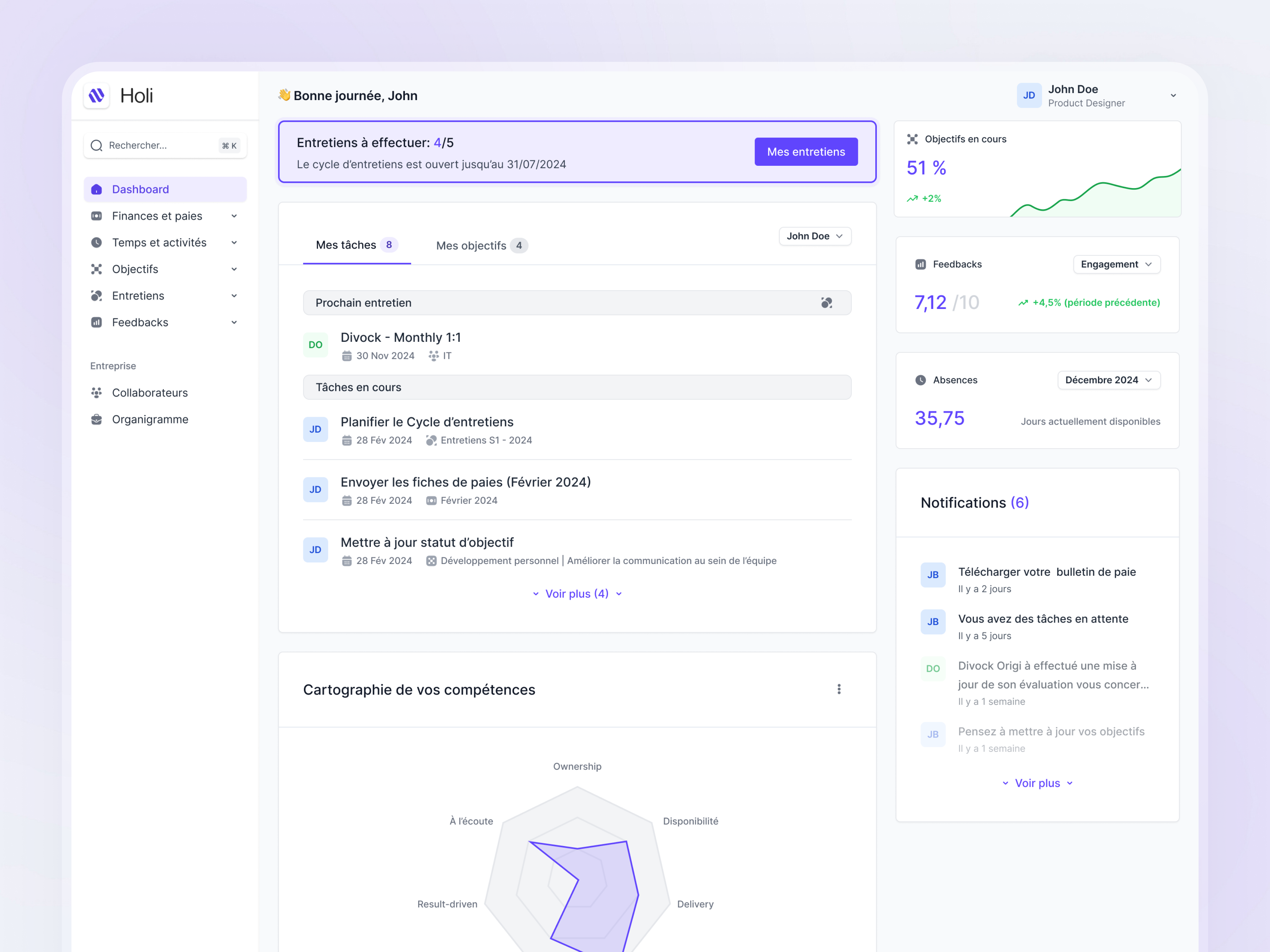 Holi | Main Dashboard b2b clean crm dashboard desktop employee hr human resources minimal overview poll product product design progress saas saas design survey tracking ui web app