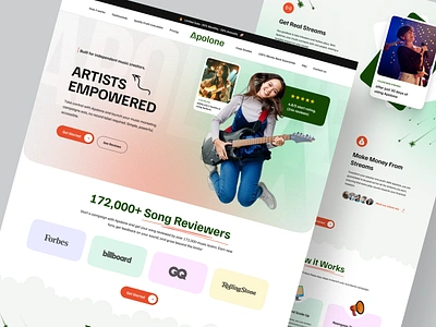 Responsive Music Marketing Homepage Design – UX/UI for Artists about us artist contact us footer header hero section landing page music music website portfolio product design services uiux design web page webdesign webheader website design