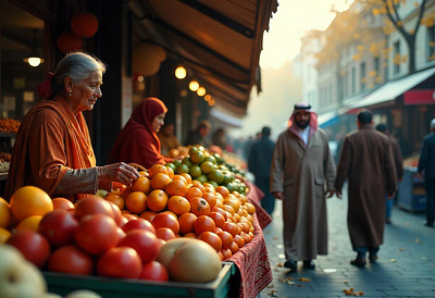 Bull Market ai image design fruit market illustration market old woman orange market photography vector