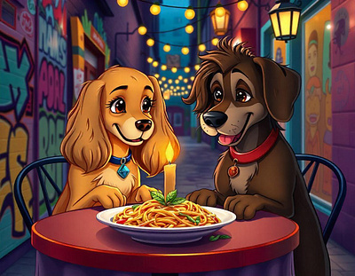 Canine Capers: A Masterful Depiction of a Romantic Moment animation artificial intelligence cartoon digital art disney fantasy art freepik graphic design iconic illustration lady and the tramp movie romance tracingflock walt disney