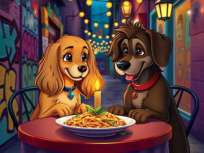 Canine Capers: A Masterful Depiction of a Romantic Moment animation artificial intelligence cartoon digital art disney fantasy art freepik graphic design iconic illustration lady and the tramp movie romance tracingflock walt disney