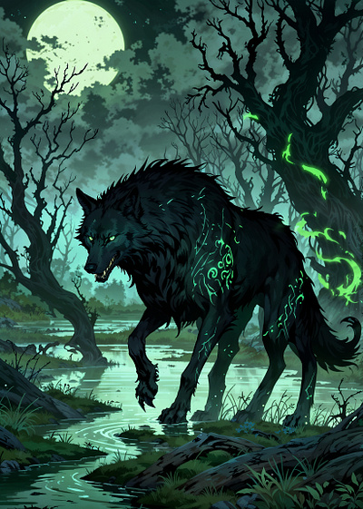 Black Wolf in Moonlight anime art dark fantasy fantasy illustration magic nature wolf