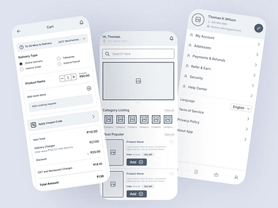 High-Fidelity Wireframes for Online Food Delivery App appdesign deliveryappdesign foodapp fooddeliveryapp fooddeliveryui fooddeliveryux loginui minimalistui mobileappdesign moderndesign onlineorderingapp orderdetailsui profileui userexperience userflow userprofile ux uxdesign wireframes