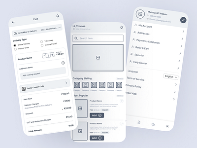 High-Fidelity Wireframes for Online Food Delivery App appdesign deliveryappdesign foodapp fooddeliveryapp fooddeliveryui fooddeliveryux loginui minimalistui mobileappdesign moderndesign onlineorderingapp orderdetailsui profileui userexperience userflow userprofile ux uxdesign wireframes