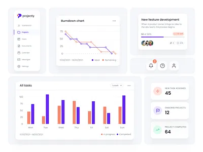 Projectly - Dashboard Components app bar chart bento cards chart charts components dashboard design system features grid kanban landing page navigation productivity saas task task management web design website
