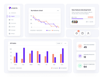 Projectly - Dashboard Components app bar chart bento cards chart charts components dashboard design system features grid kanban landing page navigation productivity saas task task management web design website