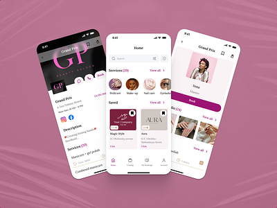 Mobile application for booking beauty salon services appdesign beautyapp beautyservices bookingapp cleandesign digitaldesign figma mobileapp mobileinterface modernui startupdesign uiinspiration uiux userexperience uxdesign