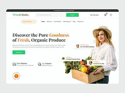 Fresh Roots - Organic Food Shop Website Hero Section UI Design e commerce e commerce ui design e commerce website figma figma ui design food shop website hero section landing page landing page ui design organic organic food organic food website ui design ui uc design ui ux design ux design