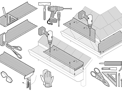 Instructional Graphics adobe illustrator diy drill gloves handyman instructional graphics instructional illustration isometric isometric design maintenance roof scissors square step by step systematic design technical drawing technical graphics technical illustration tools vector graphics