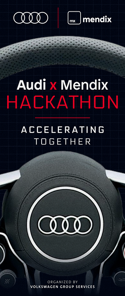 Audi x Mendix Hackathon audi booth car design developer hack hackathon low code mendix promo red steering wheel technology typography