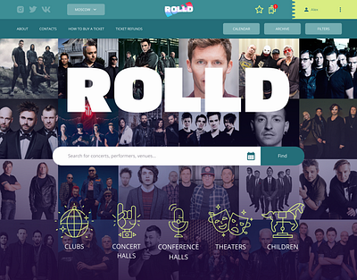 Variations of the website design for the Rolld ticket agency afisha agency colors concept concerts creative design events graphic design landing music perfomance redesign tickets ui uiux ux visual design webdesign website