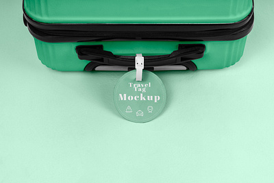 Green Suitcase Round Tag Mockup airport branding design graphic design green label logo mockup round suitcase tag travel