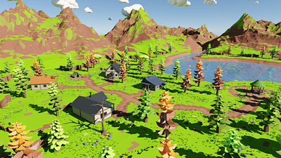 Mountain Village With Train 3D model 3d 3dmodel art blender3d bridge environment exterior flower forest game gazebo grass houses landscape lowpoly nature river town train tree