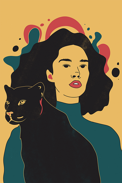 Fierce Panther Woman Portrait 2d art blue bold colors cat art cat illustration digital art digital design feminism hand drawn illustration pop art portrait procreate red women women empowerment women illustration yellow