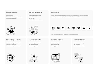 Features ai billing black branding collaboration features figma illustration integrations invoice milano product design security support ui ux web design white