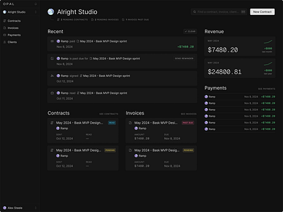 Opal Home agency analytics clean contract dark dark mode dark theme finance invoices invoicing minimalism minimalistic payments product design ui