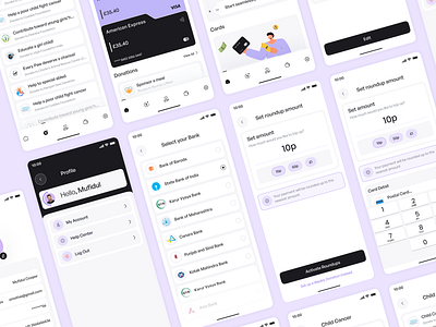 Empower Your Giving with Seamless Transactions! 💡💸 add new card flow branding card details charity creative design donation transaction graphic design logout screen my account screen profile flow profile screen select your bank set roundup amount setting screen transactions ui