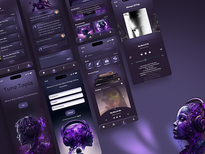 Music Application "Tune Topia" ai aimusic application darkdesign darkmode design figma futuristic graphic design mobileapp modern music musicapp musicplayer player purple trend ui