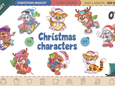 Set of Christmas characters 01. Clipart. art bundle cartoon character christmas comic deer design illustration mascot new year rabbit santa claus set stickers t shirt tiger vector xmas