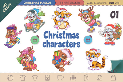 Set of Christmas characters 01. Clipart. art bundle cartoon character christmas comic deer design illustration mascot new year rabbit santa claus set stickers t shirt tiger vector xmas