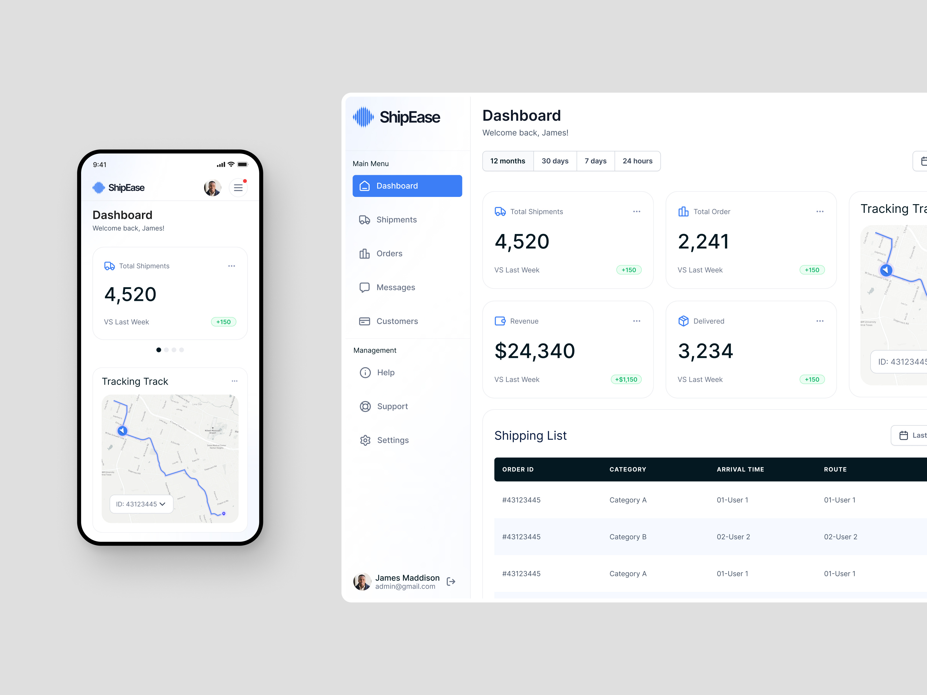 ShipEase: Shipment Delivery Dashboard - SaaS Mobile Responsive barkahlabs clean dashboard delivery logistic map mobile modern overview responsive route saas shipment status summary table tracking ui ux web app