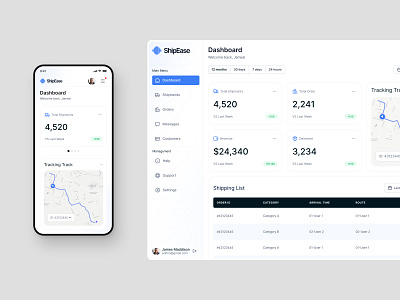 ShipEase: Shipment Delivery Dashboard - SaaS Mobile Responsive barkahlabs clean dashboard delivery logistic map mobile modern overview responsive route saas shipment status summary table tracking ui ux web app