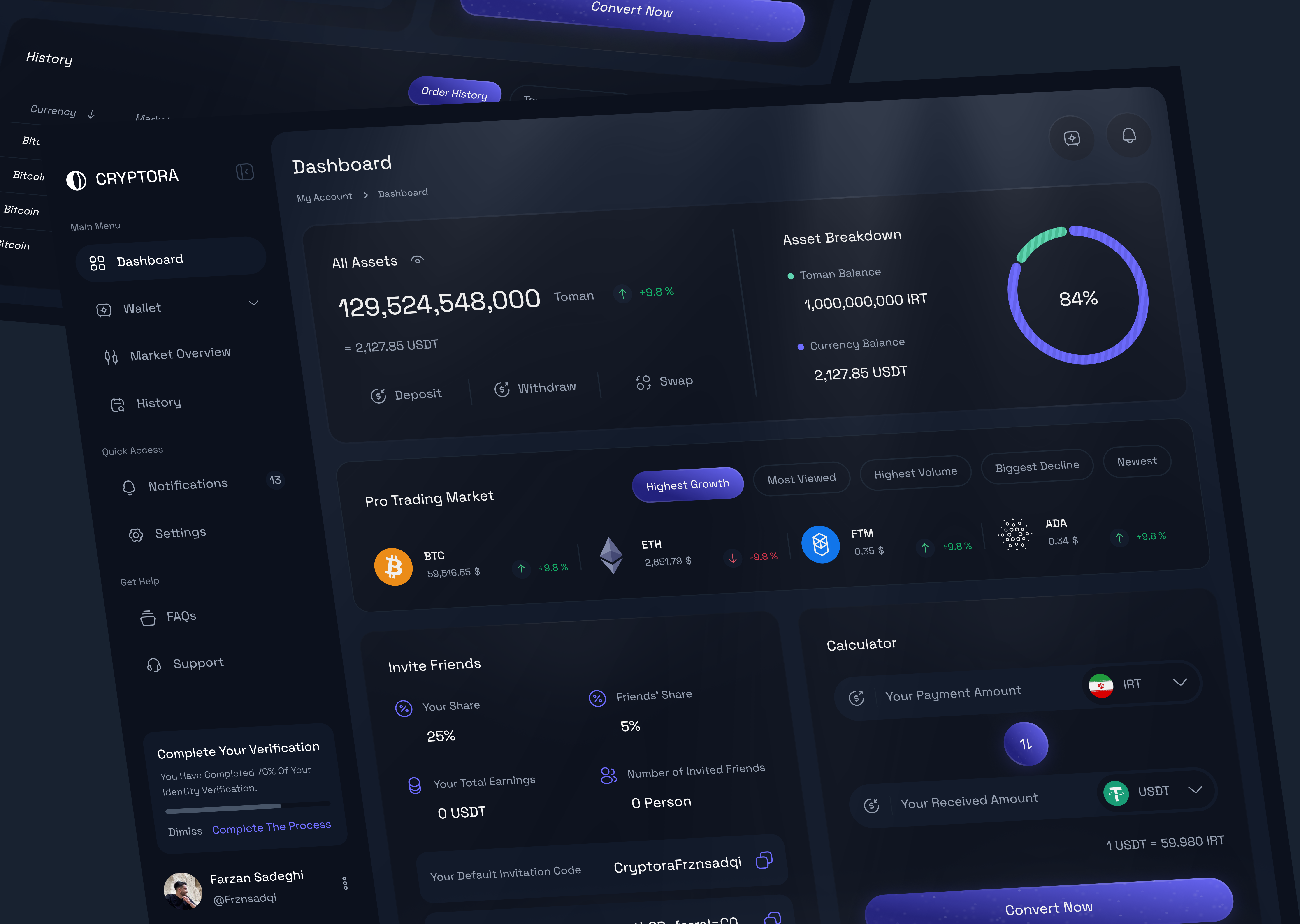 CRYPTORA Dashboard cleandesign cryptodashboard cryptoexchange cryptotrading cryptoui darkmodeui dashboad dashboarddesign digitalcurrency fintechdesign interfacedesign minimaldesign modernui productdesign ui uidesign userexperience uxdesign uxinteraction