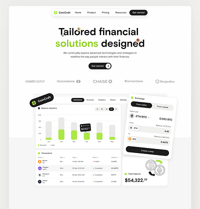 CoinCraft — Landing Page for Financial Management Platform assets banking crypto dashboard exchange features finance fintech illustration landing pricing testimonials ui ux web website