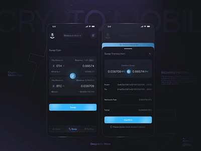 Swap process 💸 2024 application blue branding classy dark dark mode figma gradient minimal mobile app modern navy product product design purple shadow ui uiux ux