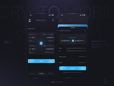 Swap process 💸 2024 application blue branding classy dark dark mode figma gradient minimal mobile app modern navy product product design purple shadow ui uiux ux