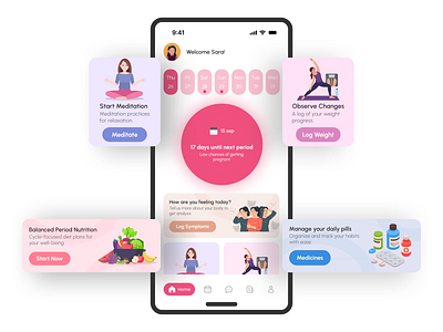 Periods App Home Screen UI clean ui cycle monitoring cycle overview fertility tracking ui health app ui home screen design intuitive ui menstrual cycle app menstrual health menstrual health tracking minimal ui design mobile health interface period calendar ui period cycle tracker period tracker ui responsive health ui uiux for health apps wellness app design womens health app