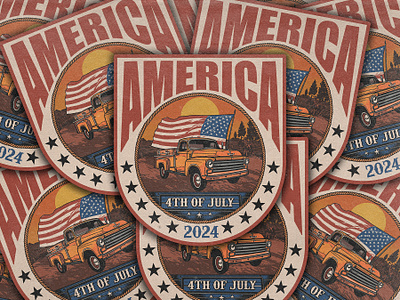 AMERICA 4TH OF JULY 2024 4th of july america american flag brand branding flag graphic design illustration logo old truck patch retro united states usa vintage vintage design