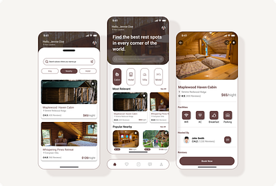 Booking Place Reservation App app black book booking branding brown cabin cottage design graphic design grey home hotel logo mobile motel robotto search ui ux