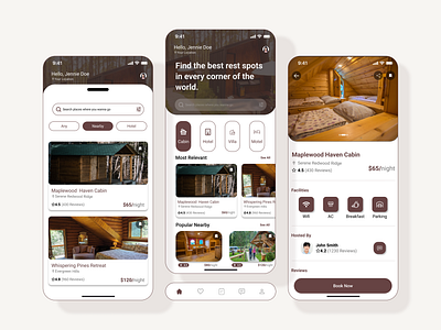 Booking Place Reservation App app black book booking branding brown cabin cottage design graphic design grey home hotel logo mobile motel robotto search ui ux